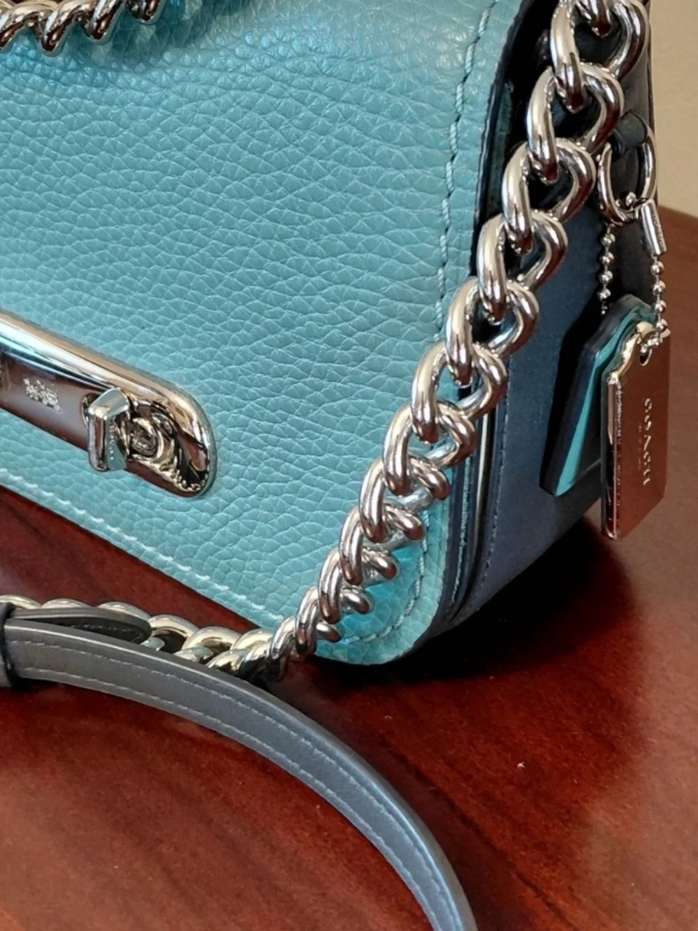 Coach Swagger 20 Shoulder Bag Colorblock Pebble Leather Teal & Blue 24114